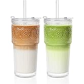 INSETLAN 20oz Ribbed & Floral Glass Tumblers with Lids and Glass Straws, Set of 2 – Iced Coffee Cups, Reusable Drinking Glasses for Water, Smoothies, Tea, and Juice – Perfect for Travel & Daily Use