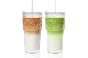 INSETLAN 20oz Ribbed & Floral Glass Tumblers with Lids and Glass Straws, Set of 2 – Iced Coffee Cups, Reusable Drinking Glass