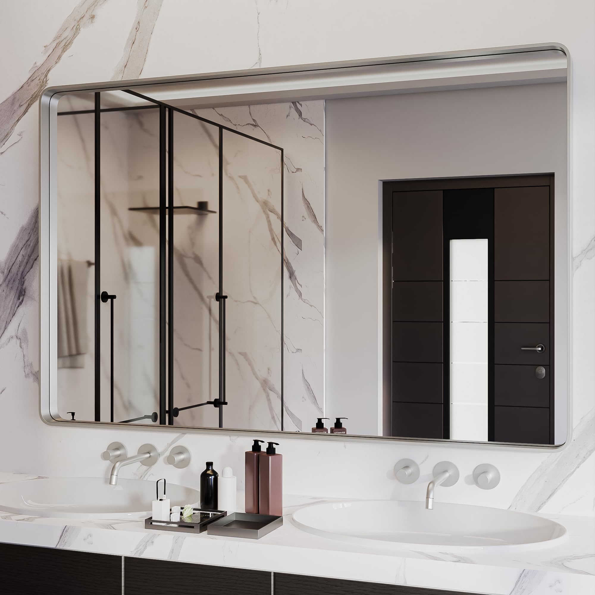 Photo 1 of ISKM Silver Framed Mirror for Bathroom 55" x 36" Matte Bathroom Vanity Mirror Anti-Rust, Tempered Glass, Rounded Rectangle Mirror(Horizontal/Vertical)