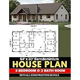 64' x 30' Custom Barndominium House Plan : 3 Bedroom & 3 Bathroom with AutoCAD File: With all Construction Details