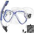 PIYAZI Snorkeling Gear for Adults Kids, Dry Snorkeling Set, Panoramic Anti-Leak and Anti-Fog Tempered Glass Lens, Adjustable Strap Snorkel Set with Mesh Bag Ear Plug for Snorkeling Scuba Diving Travel