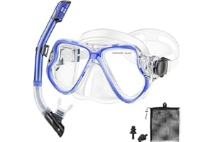 PIYAZI Snorkeling Gear for Adults Kids, Dry Snorkeling Set, Panoramic Anti-Leak and Anti-Fog Tempered Glass Lens, Adjustable Strap Snorkel Set with Mesh Bag Ear Plug for Snorkeling Scuba Diving Travel