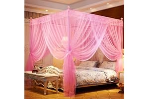 Nattey 4 Corners Canopy Bed Curtains Princess Bed Curtain Canopy Mosquito Netting Canopies (Twin, Pink)