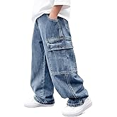 Haloumoning Boys Cargo Jeans Kids Baggy Elastic Waist Wide Leg Denim Pants with Pockets 5-14 Years