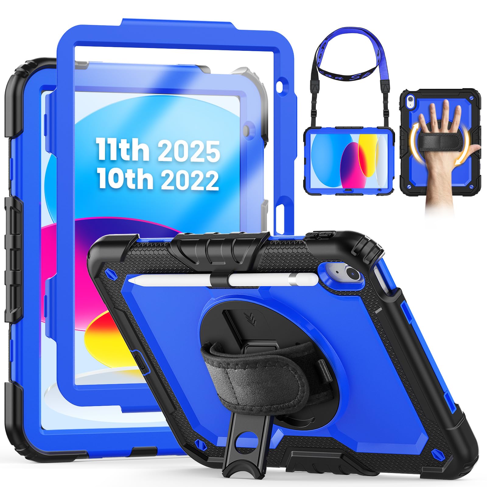 SEYMCY Case for iPad (A16) 11th/10th Generation 2025 (11 inch)/2022 (10.9 inch), Full-body Shockproof with Screen Protector, 360° Rotating Stand & Hand Strap, Carrying Strap, Pencil Holder, Blue