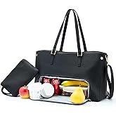 Lunch Tote Bag for Women, 15.6 Inch PU Leather Laptop Bag with Leakproof Lunch Box Pocket,Waterproof Large Capacity Computer Handbag with Purse for Daily, Office, Picnic,Work,Office,Casual, Black