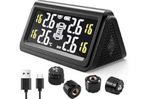 BasaltAuto 4 Sensors TPMS Tire Pressure Monitoring System, Ultra Large Bright LCD, Solar/USB Charging, 6 Smart Safety Alerts, 0-3.5 Bar/51 PSI, Sleep Mode, IP67 for Car SUV MPV RV Truck Trailer