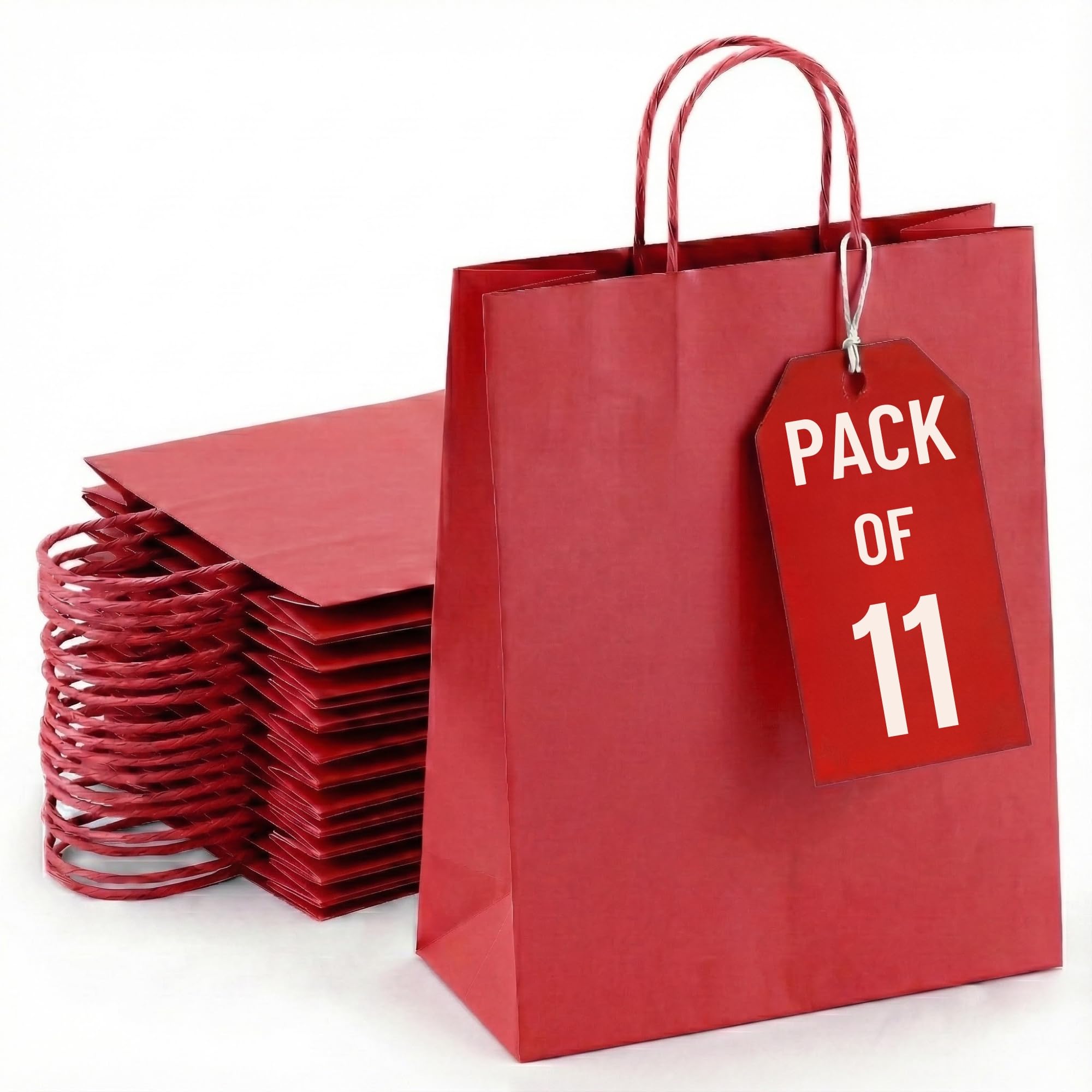 Kids Party Bags - 11Pcs Wrinkle Free Paper Party Bags with Twisted Handles - Red Party Bags, 100gsm Strong Recyclable Gift & Kraft Bags for Birthdays & Baby Showers 24×18×8cm