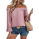 EVALESS Womens Tops Off The Shoulder Blouses for Women Dressy Casual Cute 3/4 Ruffle Sleeves T Shirts Fashion 2026