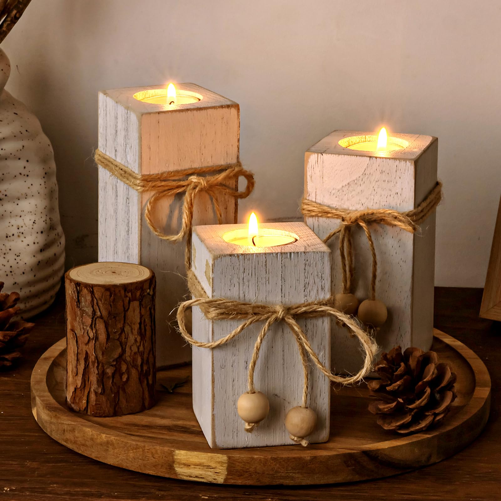 Photo 1 of ** NO CANDLES**
MelonBoat Rustic Flameless LED Candles 3-Pack, Battery Operated Candles with Wooden Candle Holders, White Rustic Farmhouse Decor, Farmhouse Candle Holder for Valentines Holiday Party Home Decor