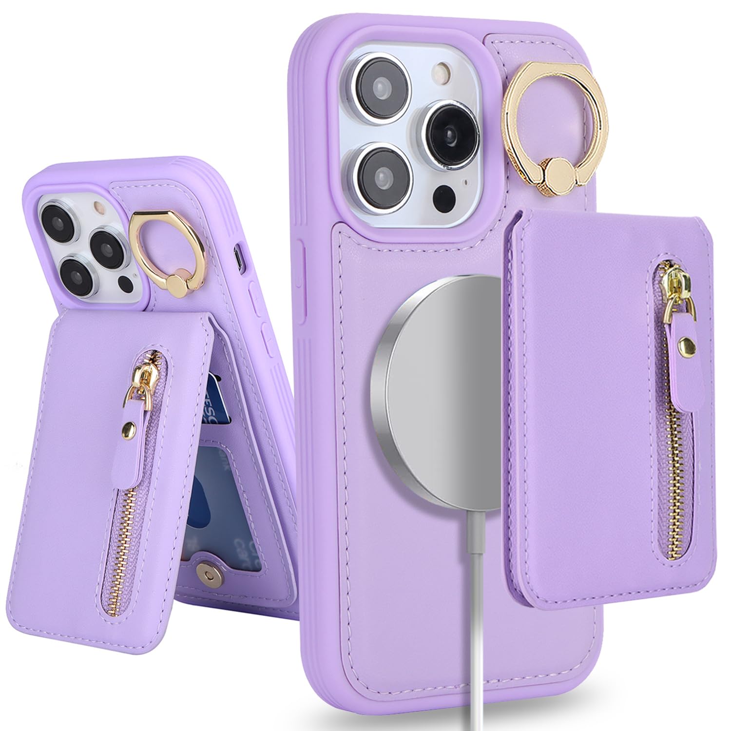 SailorTech iPhone 15 Pro Max Phone Leather Case with Credit Card Holder Magsafe, iPhone 15 Pro Max Case Ring Stand with Kickstand Card Slots Wallet Detachable 2-in-1 Zipper Case - Purple — image 1
