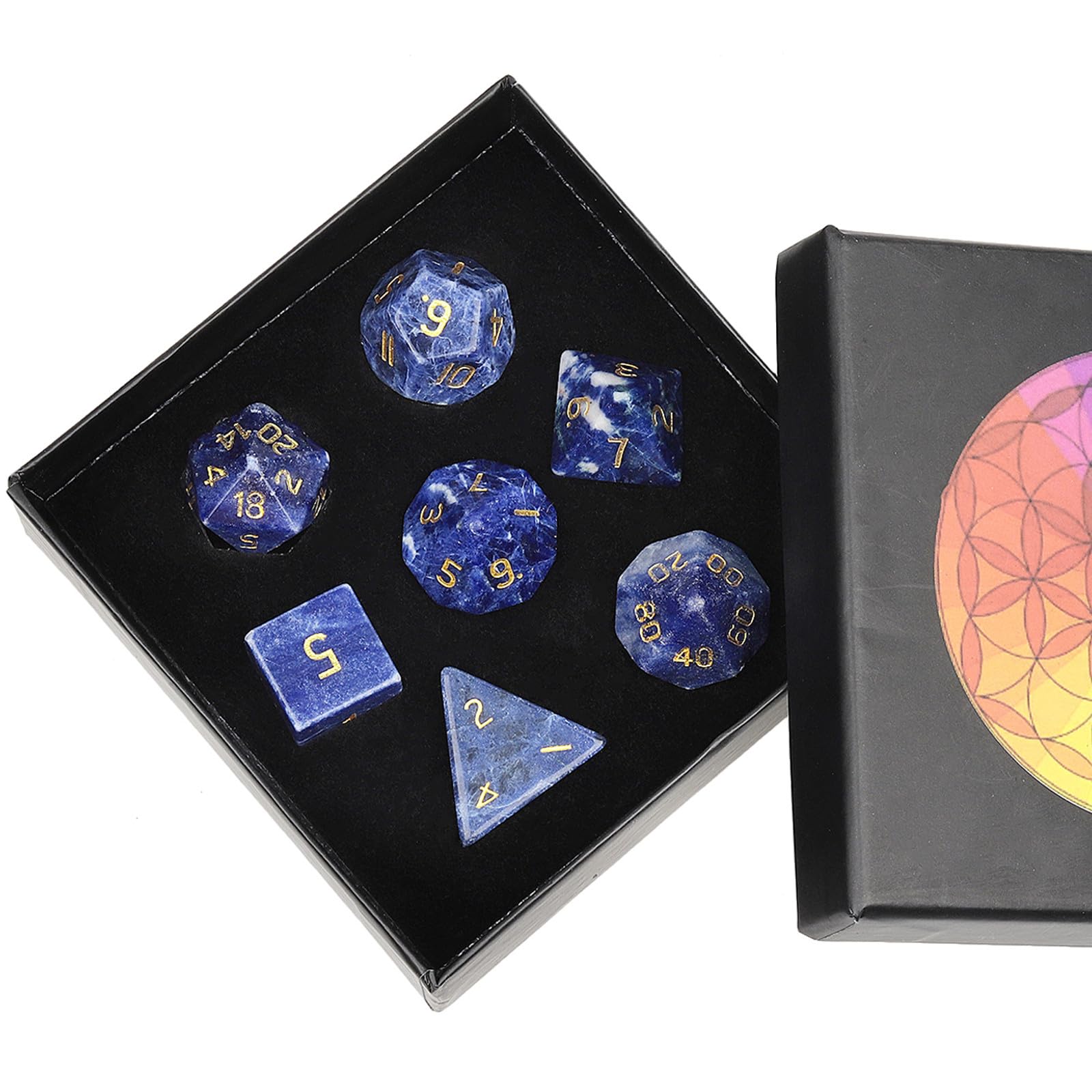 Nupuyai 7pcs Sodalite Crystal Polyhedral DND Dice Set for RPG MTG Table Games, Polished Tumbled Stones Dices with Box for Home Decor — image 1