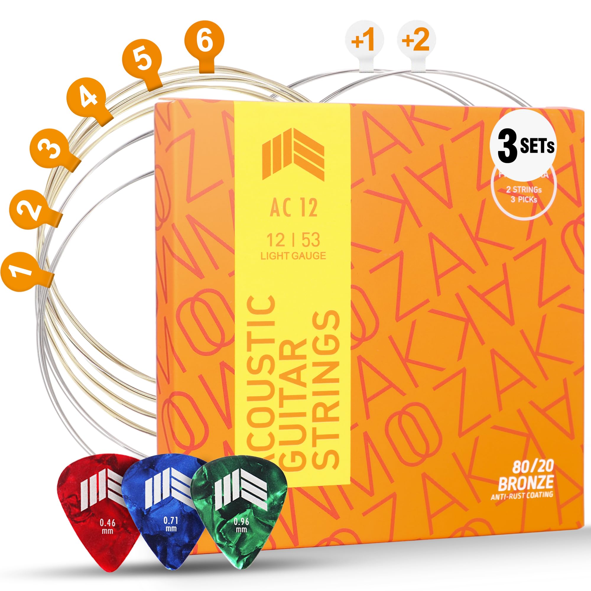 MOOZAK Acoustic Guitar Strings 80/20 Bronze, 3 Packs, Light Gauge 12-53, Durable & Bright Tone Steel Strings, Extra 1st & 2nd String, 3 Picks Included – Ideal for Gifts & All Players