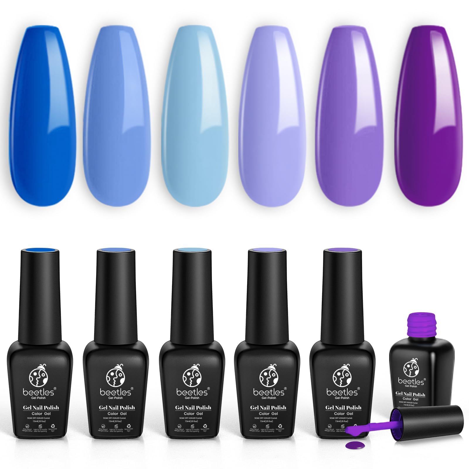 Beetles Blue Purple Gel Nail Polish Set - 6 Pcs Aquamarine Mermaid Gel Polish Soak Off UV LED Nail Lamp Cured Base and Top Coat Needed Starter Varnish Nail Aat Salon Gifts for Women
