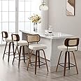 Bekrvio Swivel Counter Height Bar Stools Set of 4, Upholstered Faux Leather Barstools with Rattan Back, 26" Seat Height Bar Chairs for Kitchen Island, Bentwood Wood Frame, Cream White