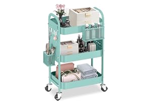 ALVOROG 3 Tier Rolling Cart with DIY Pegboards Metal Utility Cart with Wheels Handles Baskets Hooks, Craft Cart for Office Kitchen Bathroom(Tiffany Blue)