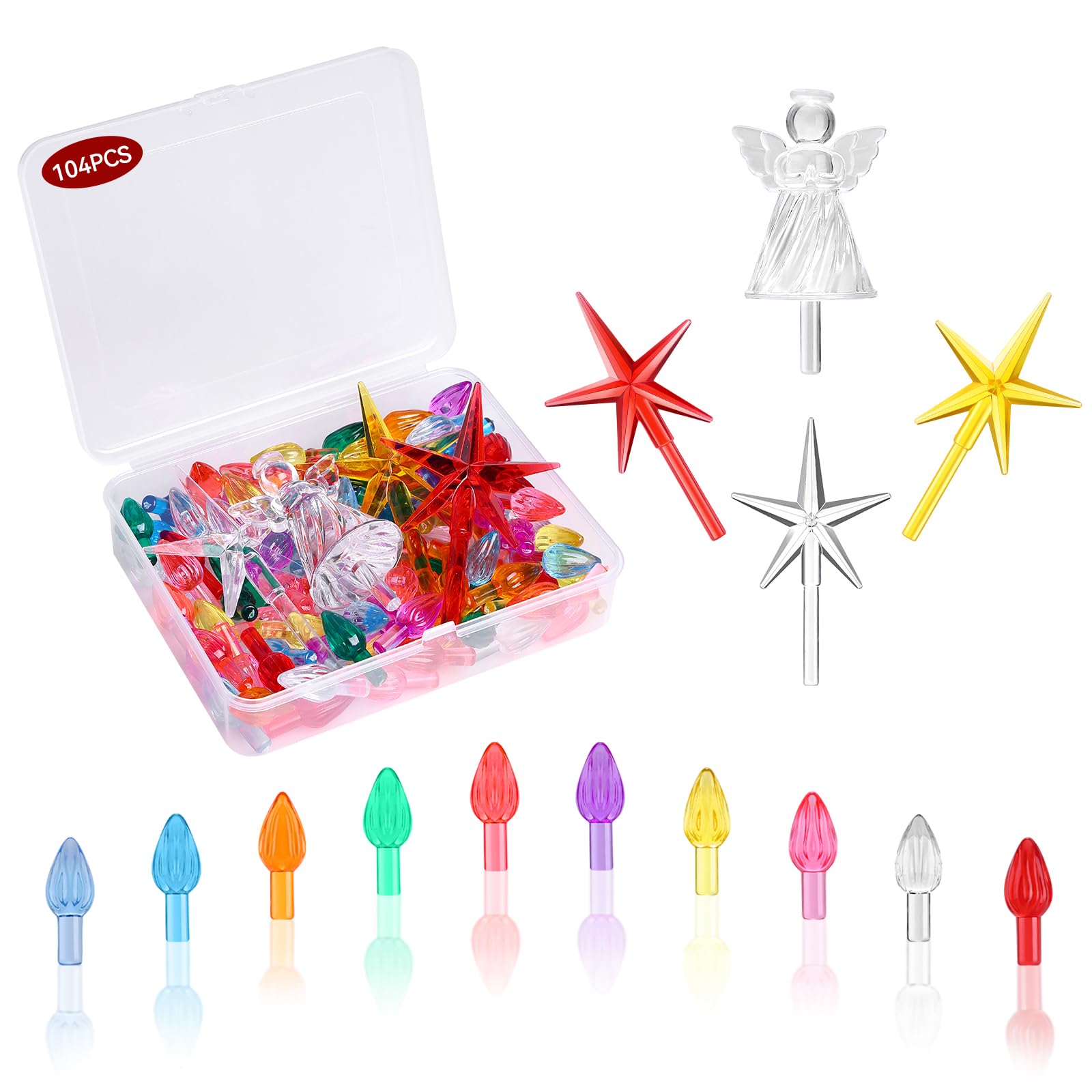 Photo 1 of 104 PCS Ceramic Christmas Tree Lights Replacement Bulbs, 10 Colors Vintage Ceramic Christmas Tree Lights & Bulbs - Light Bright Pegs with Angel and Star Toppers