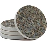 Thirstystone Herringbone 4" Round Natural Sandstone Coasters 4 Pack | Absorbent Stone, Artistic, Protective Cork Backing
