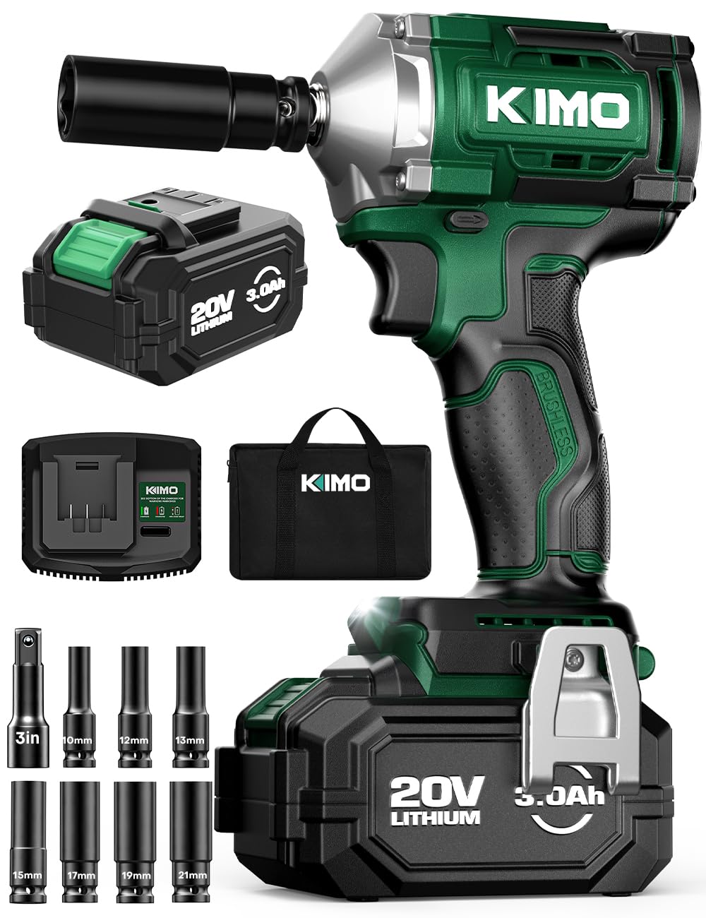 Photo 1 of KIMO Cordless Impact Wrench 1/2 Inch with 814N.M Max Torque, 3Mode Setting, 3000 RPM, 1/2 Impact Gun with 1 Hour Fast Charger, 3.0 Lion Battery, Variable Speeds, Electric Impact Wrench for Car Home