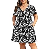 Manllenshie Womens Plus Size Dress Casual Short Sleeves Deep V Neck Twist Knot Front Flowy Dresses(Floral-01,4XL)