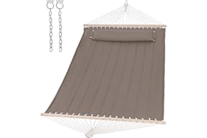 SUNCREAT Double Quilted Hammock with Hardwood Spreader Bar, Extra Large Soft Pillow, Heavy Duty 2 Person Hammock for Indoor, Outdoor, Brown