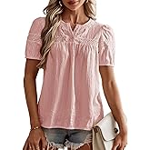 Falechay Womens Tops V Neck Short Sleeve Blouses Casual Flowy Button Up Shirts Embroidered Lace Boho Clothing Trendy