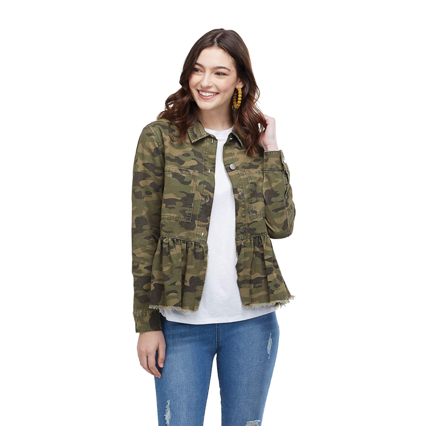 Photo 1 of Mud Pie womens Green Camo Cotton Denim Peplum Jacket, Green, Large US
