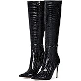 Elisabet Tang Women's Knee High Booties,4 inch Stiletto Heel Pointed Toe Wide Calf Boots Faux Leather Comfortable Combat Booties Shoes Black Grain Size 8.5