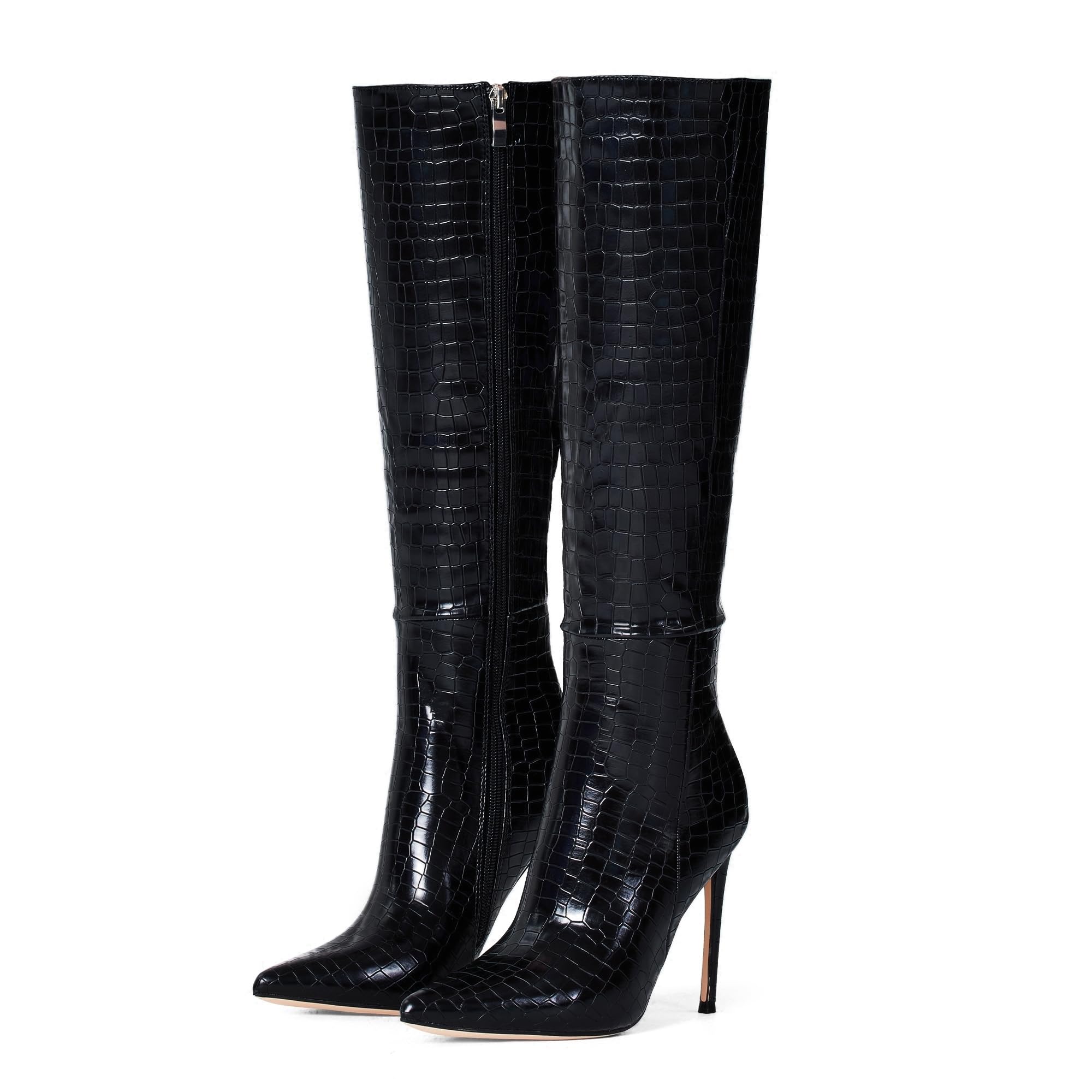 Photo 1 of Size 6.5-Elisabet Tang 4 inch Women's Knee High Long Boots, Stiletto Tall Pointed Toe Heeled Boot Leather Suede Comfortable Sexy Black Grain Size 9