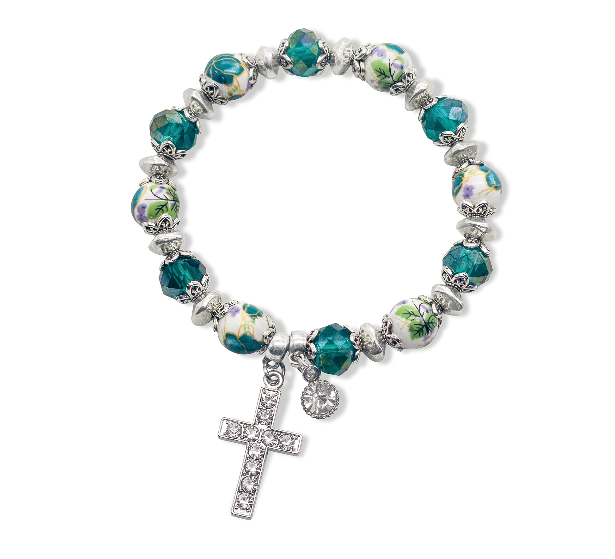Nazareth Store Rosary Bracelet Christian Charm Crystallized Green Beads Decorated With Flowers and Silver Cross