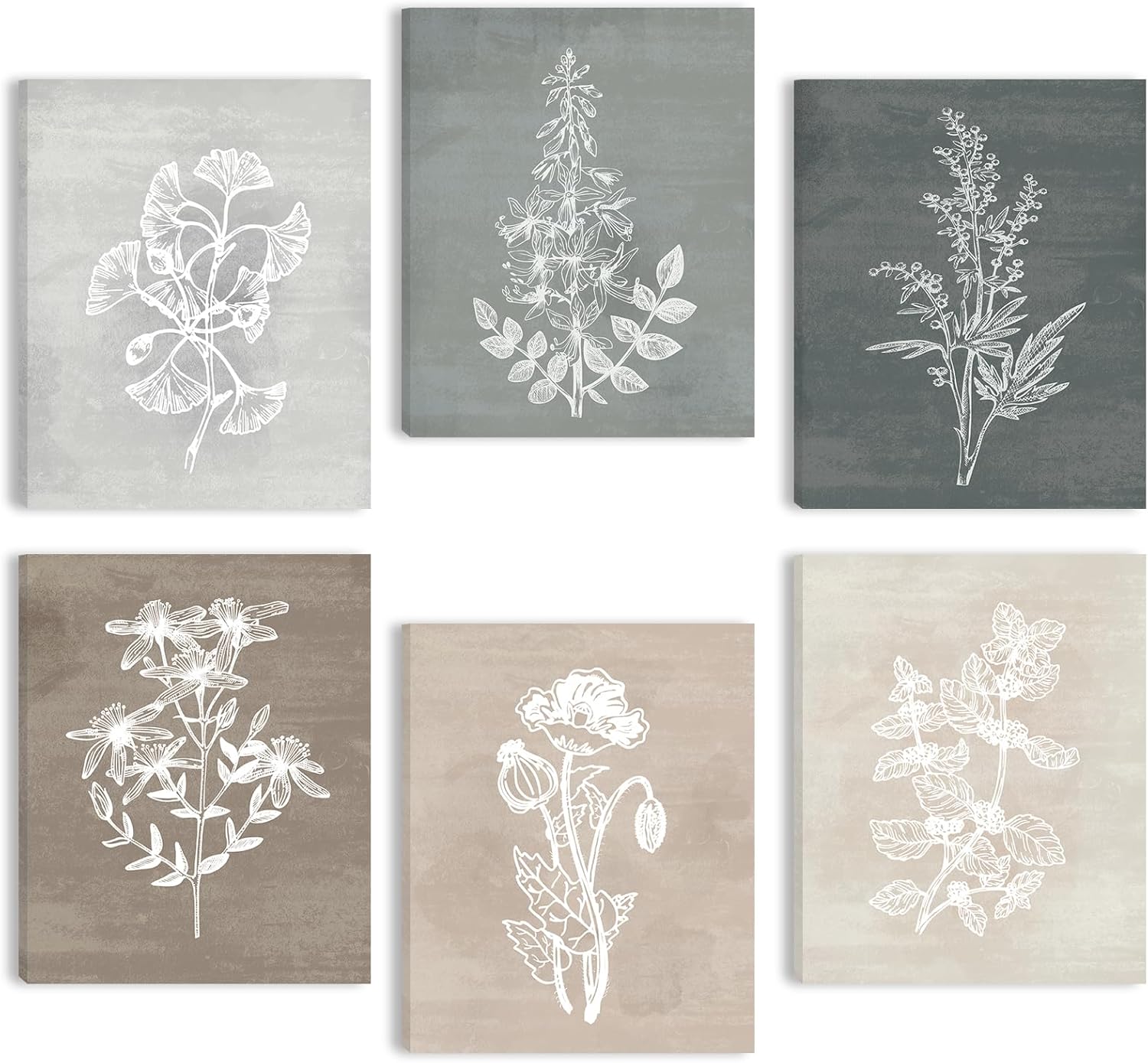 Mixed Media - BINCUE Neutral Botanical Canvas Wall Art Vintage Flower Wall Decor for Living Room Bedroom Dining Room 6 Panel 8x10 Inches