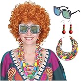 ColorGround Short Curly Orange Red Wig with Necklace Earrings Sunglasses for 70s Costumes Themed Party