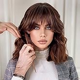 ATAYEA Brown Wig with Bangs Short Wavy Wigs for Women Brown with Highlight Curly Shoulder Length Bob Wig Synthetic fiber Wigs for Cosplay Daily Party Use (14 Inch)