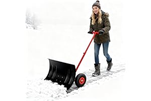 Joankaren Snow Shovel with Wheels, Heavy Duty Metal Snow Pusher with 29x20 in Wide Blade & 5 Level Adjustable Handle, Wheeled