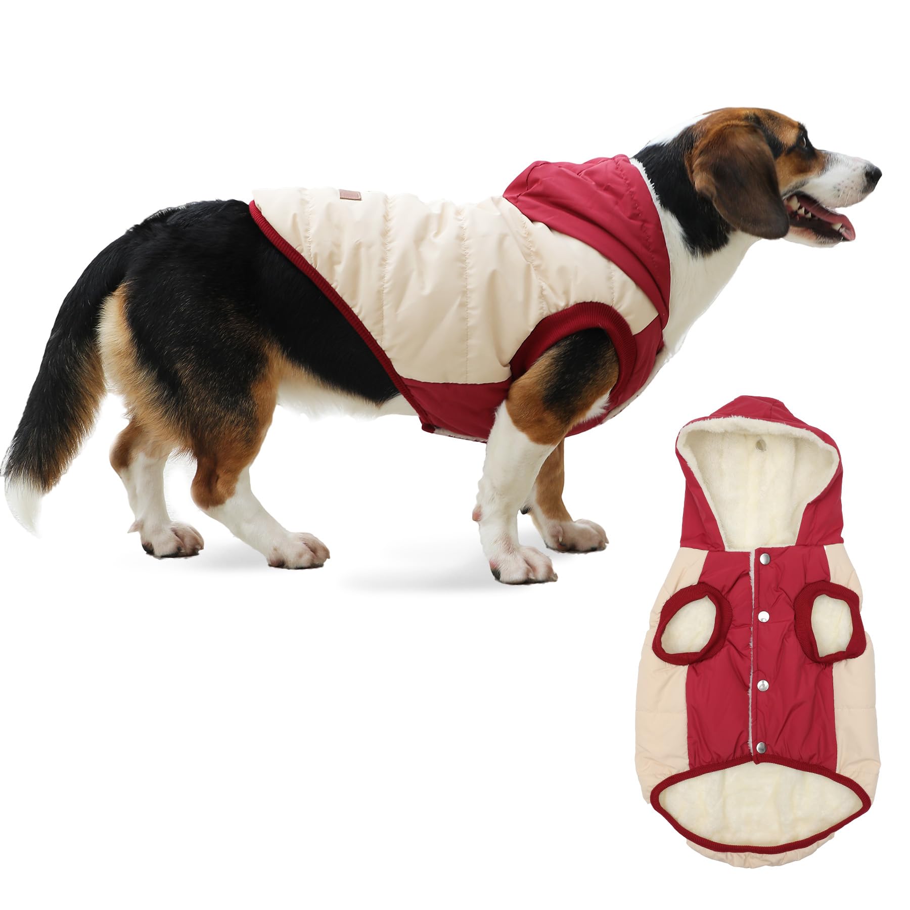 Vecomfy Fleece Lining Extra Warm Dog Hoodie in Winter for Large Dogs Jacket Pet Coats with Hooded,Beige and Red XXXL Image Vecomfy Fleece Lining Extra Warm Dog Hoodie in Winter for Large Dogs Jacket Pet Coats with Hooded,Beige and Red XXXL Image
