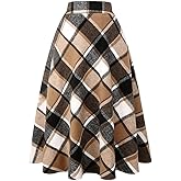 Long Plaid Wool Skirt for Womens Winter Fall Warm High Elastic Waist A line Flared Pleated Wool Tartan Skirts