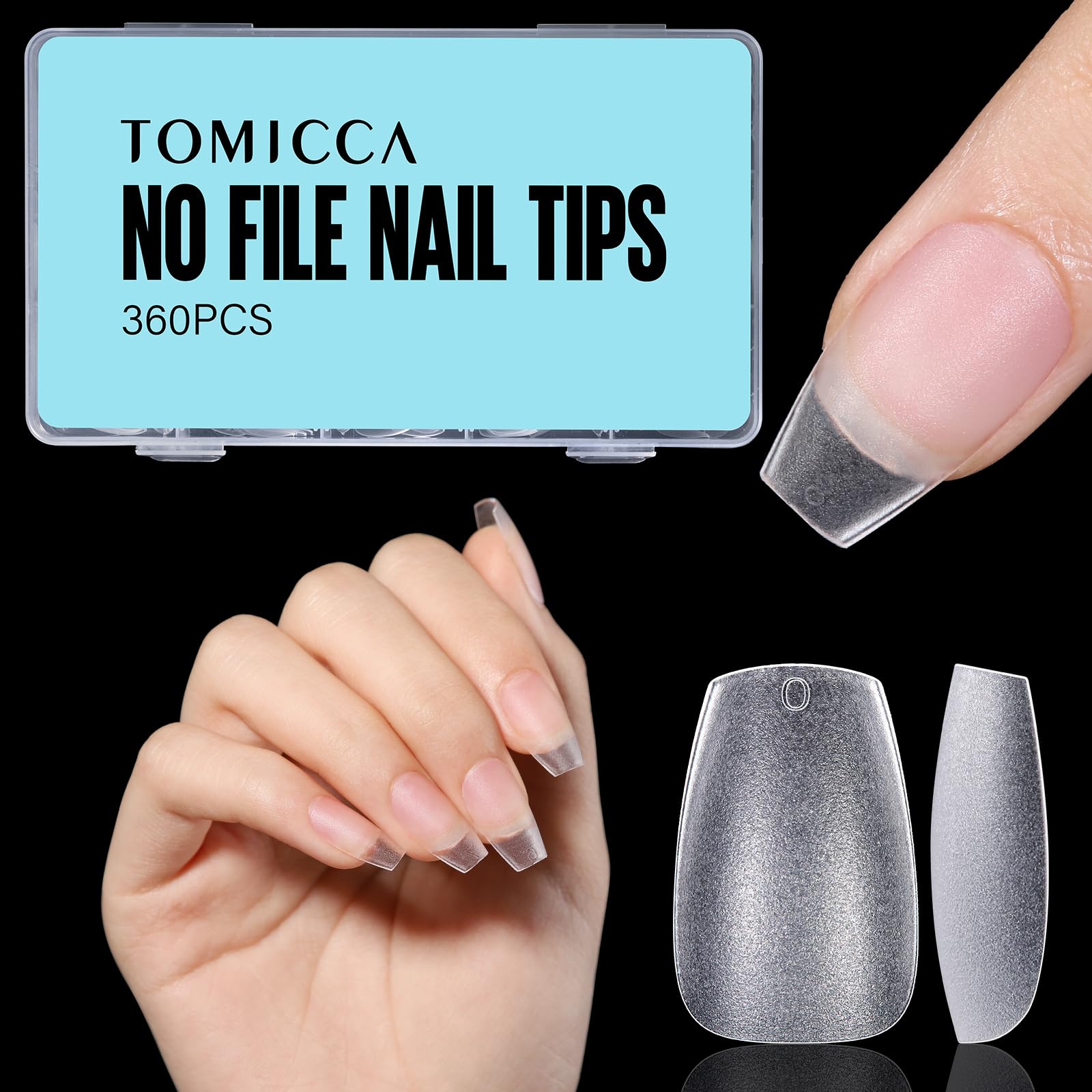 TOMICCA Short Coffin No File Nail Tips- Soft Gel Full Cover 360PCS Matte Clear False Acrylic Nail Gel Tips Kit for Soak Off Nail Extensions Kit, 15 Sizes — image 1