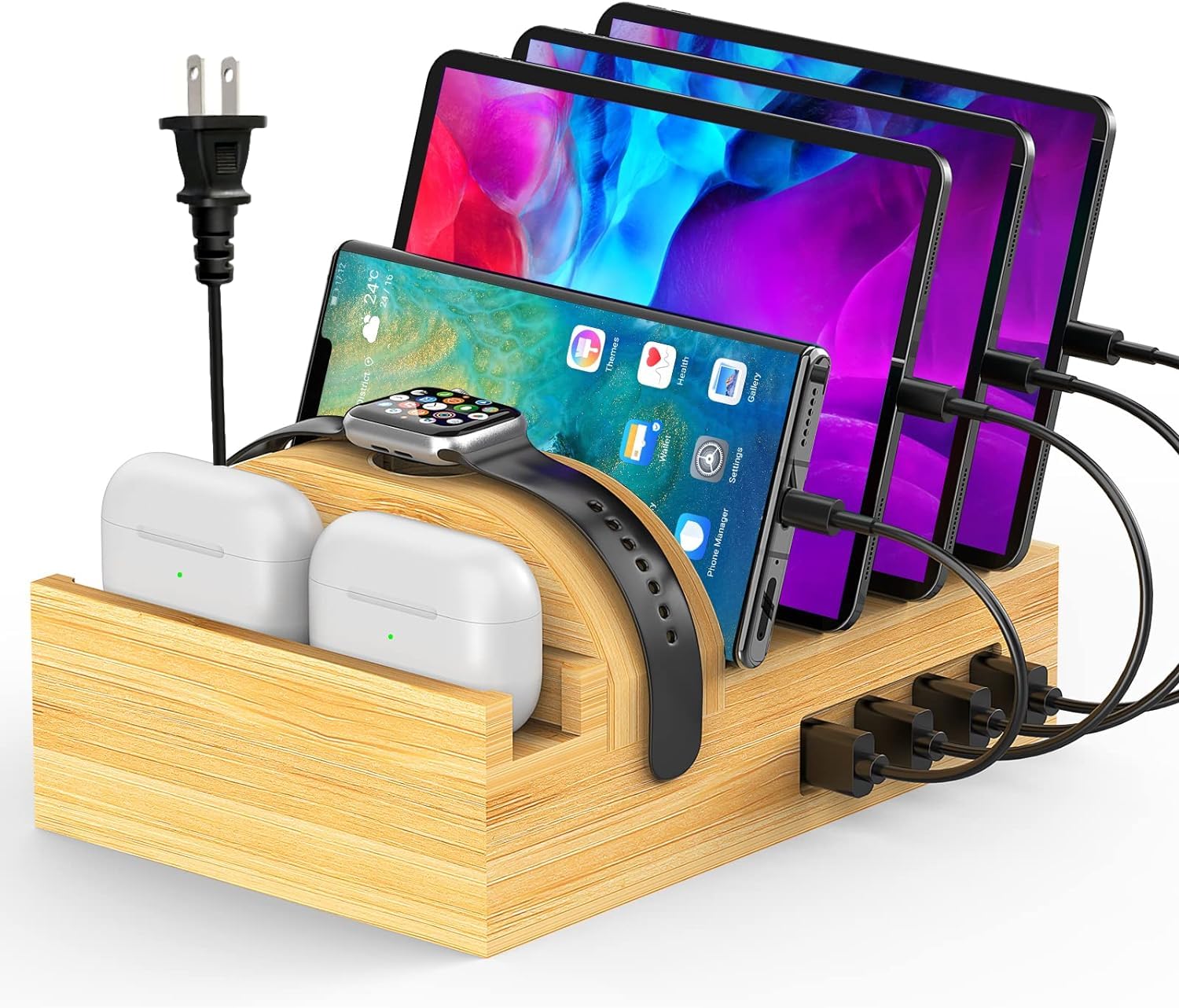 Photo 1 of Bamboo Charging Station for Multiple Devices, Alltripal Wood Desktop Docking Station 7-Port Multi-Charger Organizer Fast USB Charger Compatible with iPhone, iPad, AirPods, iWatch, Cell Phone, Tablet
