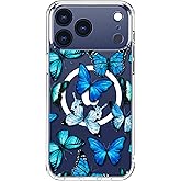 LUHOURI for iPhone 17 Pro Case with Screen Protector - Wireless Charging - Crystal Acrylic Clear - Fashionable Designs for Women Girls - Slim Fit Protective Phone Cover, Floral Blue Butterflies