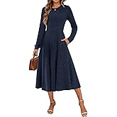 MOLERANI Womens Casual Long Sleeve Ribbed Knit Midi Dress Crewneck 2025 Fall Lightweight Dresses with Pockets Wedding Guest,Navy Blue,L
