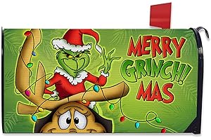 Fbcoo Merry Christmas Fabric Welcome Mailbox Cover Magnetic Standard 21" x 19", Green Xmas Decorative Post Letter Box Decoration Wrap Winter Decor for Garden Yard