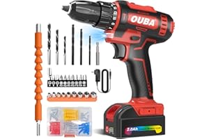 OUBA Cordless Drill Set, 12.8V Lithium Lon Power Drill Cordless with Battery and Charger, 2 Variable Speeds, 3/8" Keyless Chuck, 25+3 Torque Setting, Built-In LED, Electric Drills for Home (Red)