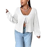 Women's Plus Size Cardigan Hollow Out Open Knit Sweater Ladies Front Tie Shrug, L-4XL