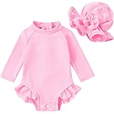 YOUNGER TREE Infant Baby Girls Swimsuit Long Sleeve Swimsuits One Piece Swimsuit Solid Color Bathing Suit with Hat, UPF 50+