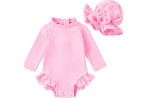 YOUNGER TREE Infant Baby Girls Swimsuit Long Sleeve Swimsuits One Piece Swimsuit Solid Color Bathing Suit with Hat, UPF 50+