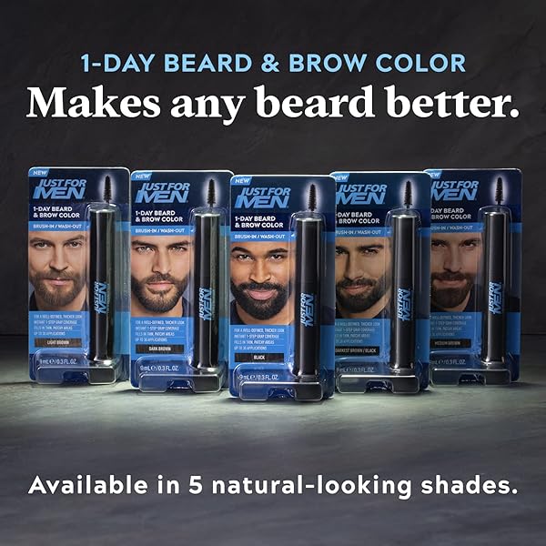 JUST FOR MEN 1-DAY BEARD & BROW COLOR, TEMPORARY COLOR FOR BEARD AND EYEBROWS, FOR A FULLER, WELL-DEFINED LOOK, UP TO 30 APPLICATIONS, DARKEST BROWN/BLACK