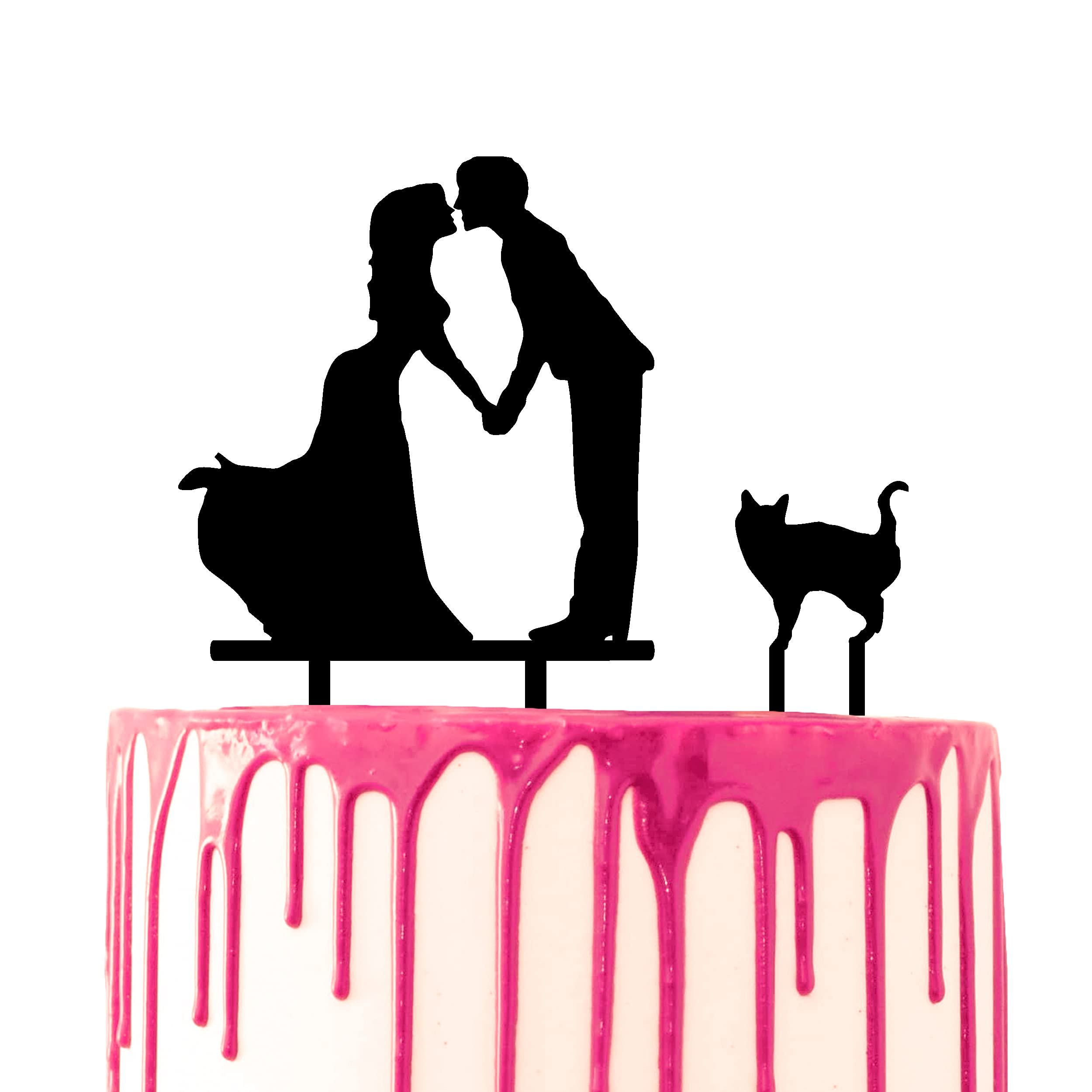 CARISPIBET decorative cake topper bride and groom holding hands for a kiss with a pet cat at their side acrylic silhouette