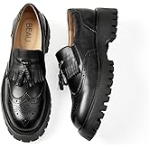 BEAU TODAY Chunky Loafers for Women, Women’s Leather Platform Loafers, Lug Sole Tassel Slip On Loafers Shoes Brogues Wingtip Casual Business Shoes Comfortable Dressy