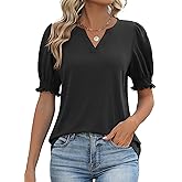 Rapbin Women's Puff Short Sleeve T Shirts V Neck Summer Tops Casual Fashion Blouses