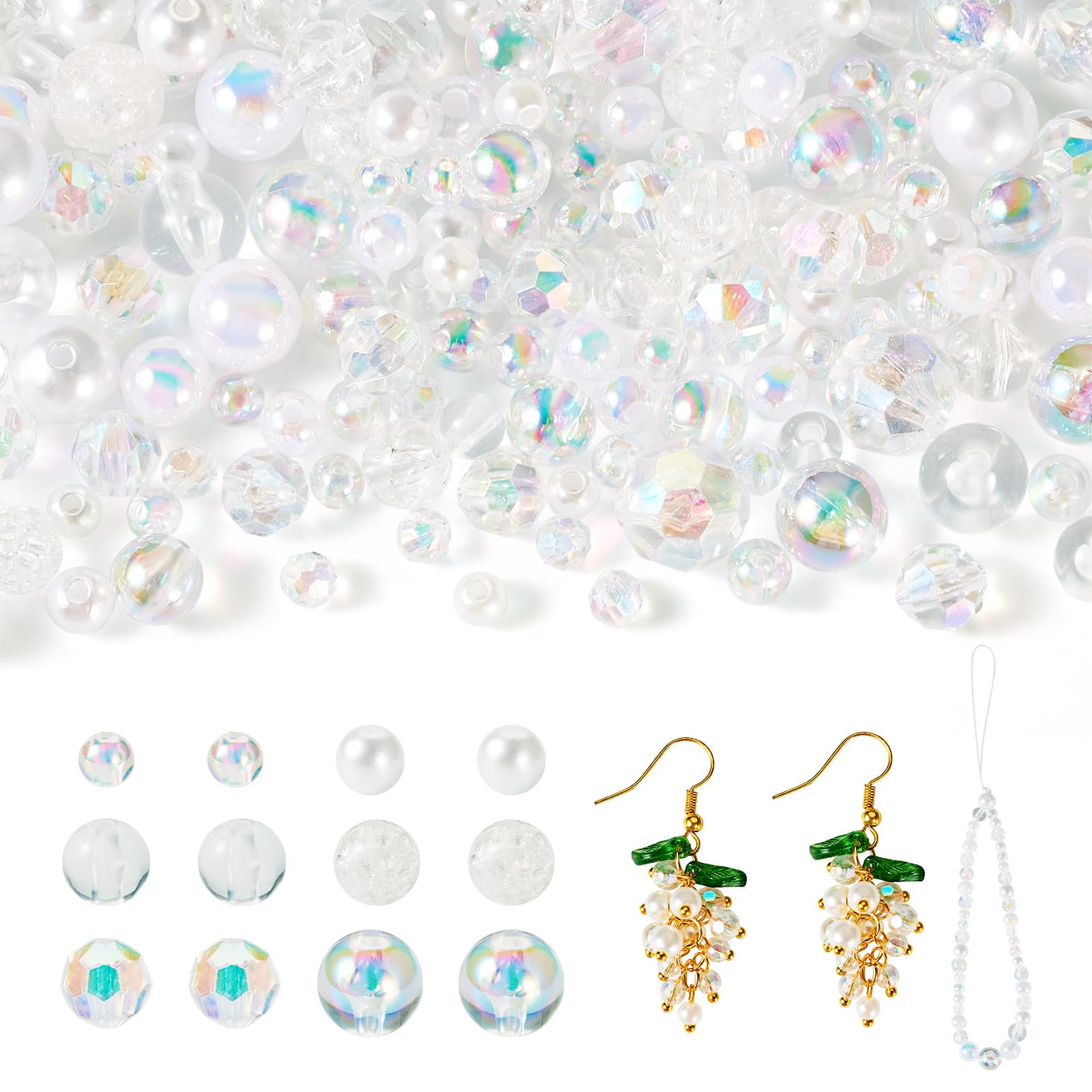 Boutigem 280Pcs Imitation Pearl Opaque Plastic Round Beads Transparent Crackle Beads Faceted Round Acrylic Beads for DIY Bracelet Necklace Jewelry Making